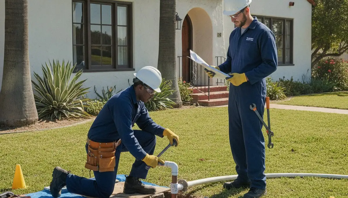Anaheim, CA plumber servicing a residential plumbing repair job on-site
