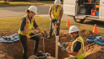 Septic repair technician servicing Anaheim, CA home septic system for same-day plumbing assessment