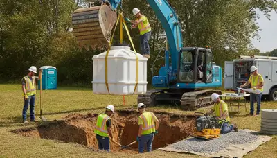 Septic tank installation crew servicing Anaheim, CA homes with site prep and setup